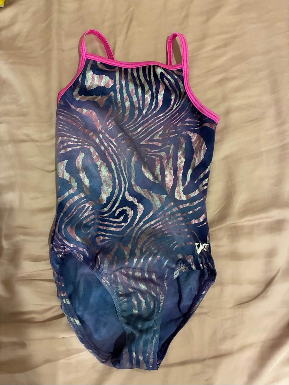 GK Navy gymnastics leotard with Pink Trim and Iridescent Zebra Print